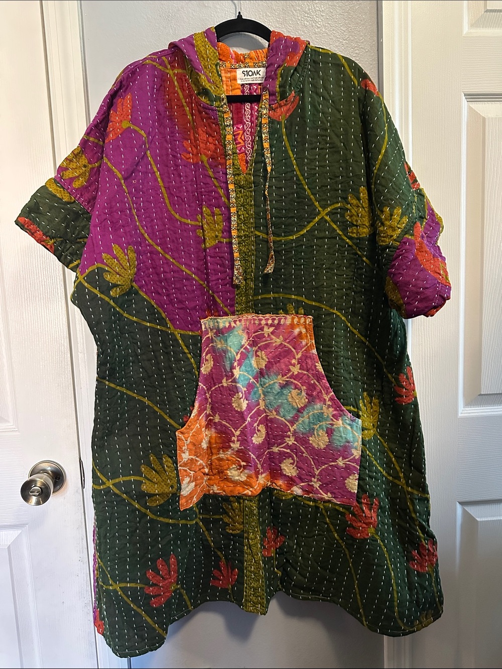 S1OAK Multicolor Patchwork Hooded Kantha Jacket - Green, Purple, Orange